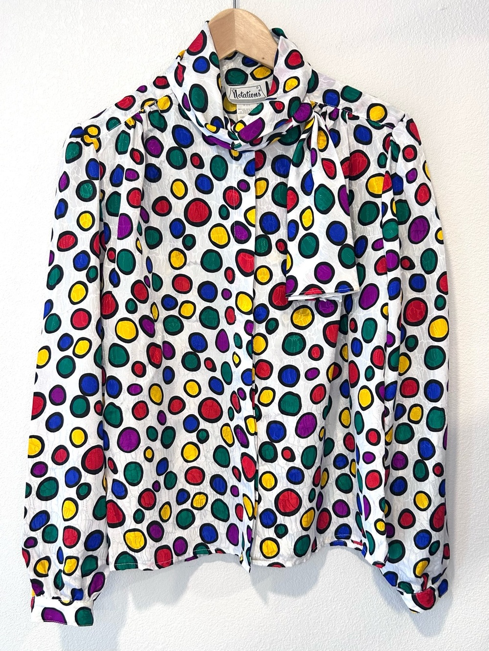 Notations VTG 80s Polka Dot Abstract Satin Blouse Preppy Working Girl Size S/M